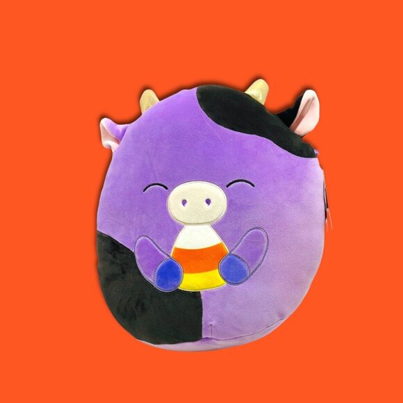 Squishmallow Alexie Purple Black Cow Holding Candy Corn 14 Inch Halloween Plush! - Picture 10 of 10